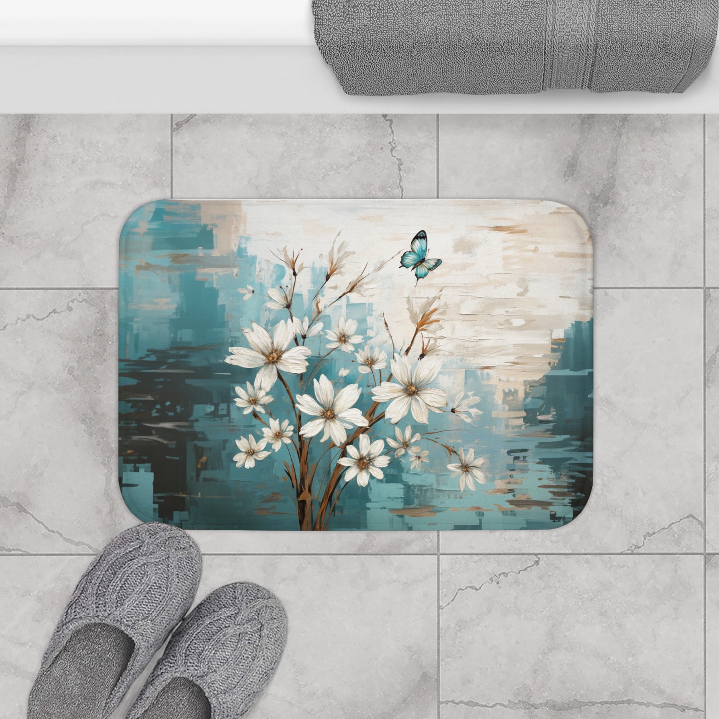 Rustic Farmhouse White and Teal Wild Daisies and Butterflies  - Bathroom Non-Slip Mat 2 Sizes