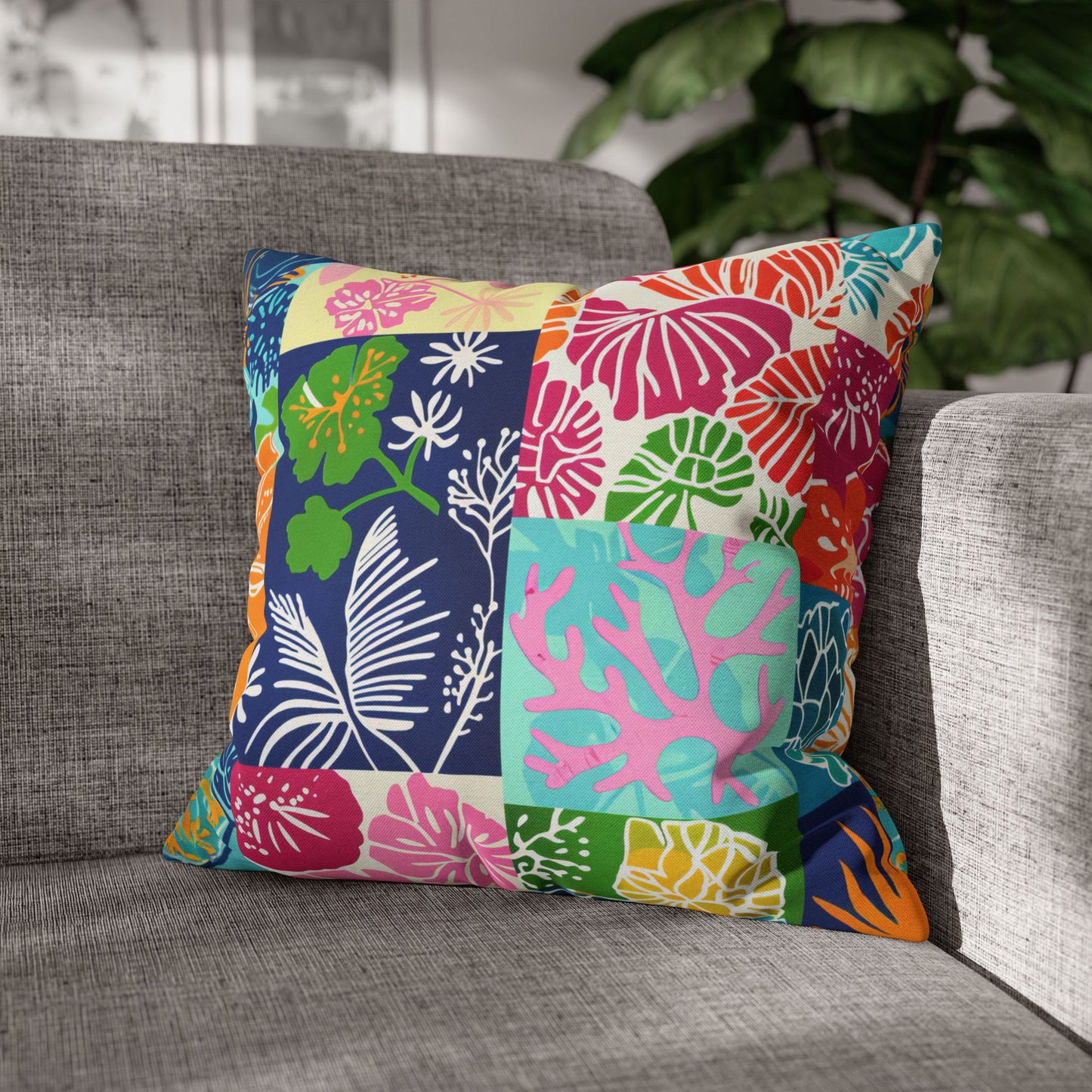 Vibrant Mosaic of Tropical Unique Shapes and Hues, from Vivid Oranges to Deep Blue Leaves and Flowers Spun Polyester Square Pillowcase 4 Sizes