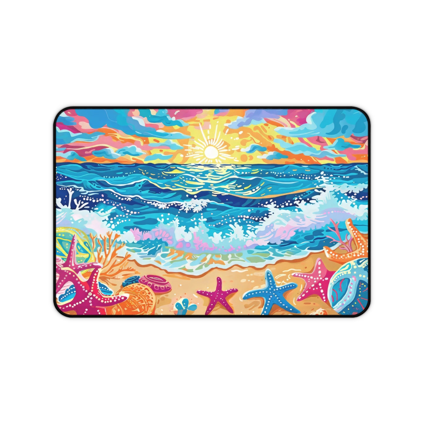 Vibrant Seaside Morning Layers of Energetic Waves, a Radiant Sun, and Colorful Seashells Extended Gaming Mouse Pad  Desk Mat  - 3 Sizes