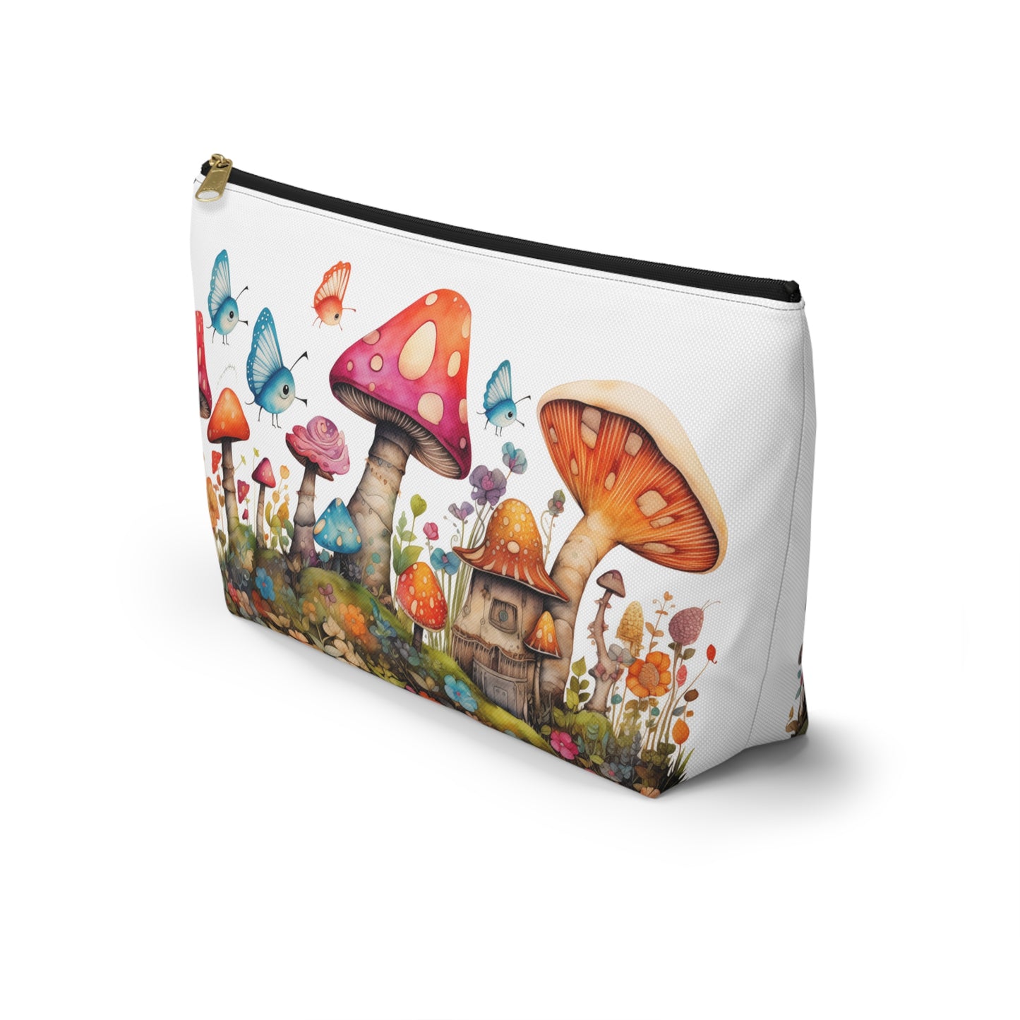 Enchanting Mushroom Cottage Adorned with Butterflies and Toadstools - Makeup & Accessory Bag 2 Sizes