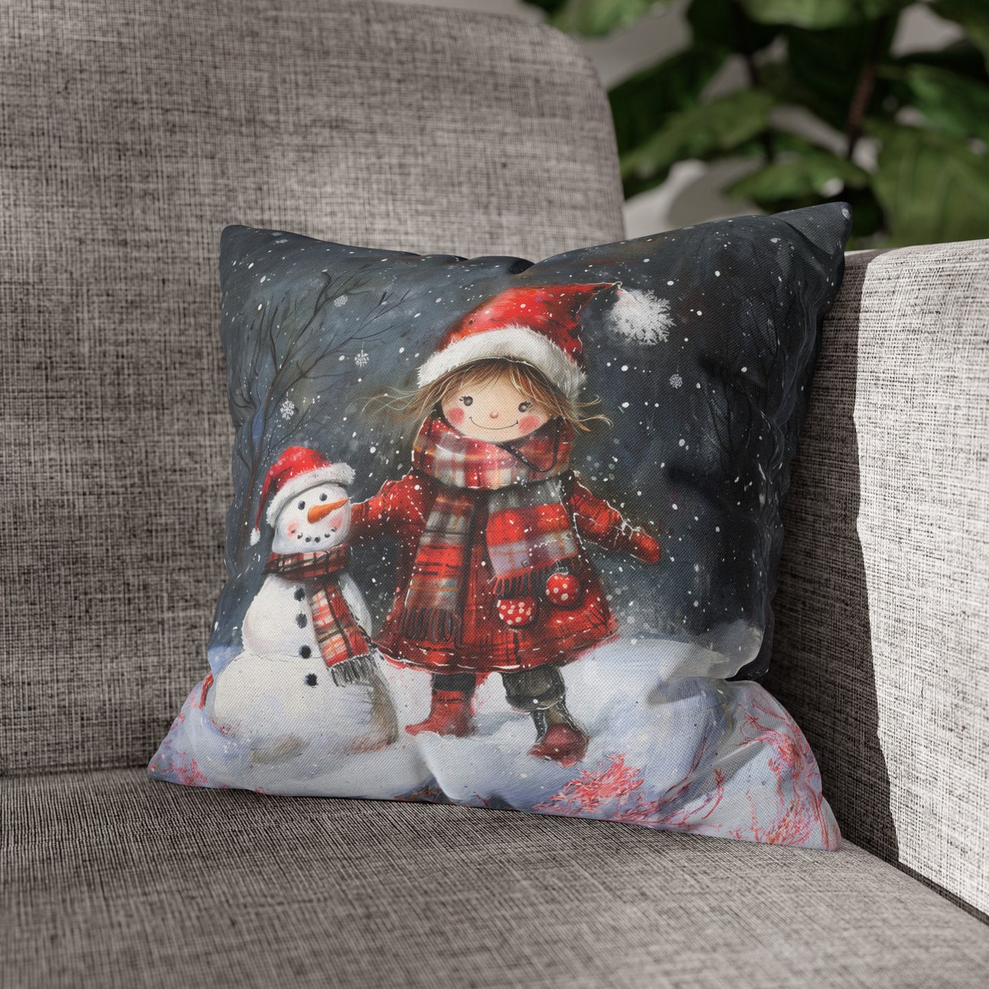 Little Girl and Snowman Sharing Winter's Wonder Spun Polyester Square Pillowcase 4 Sizes