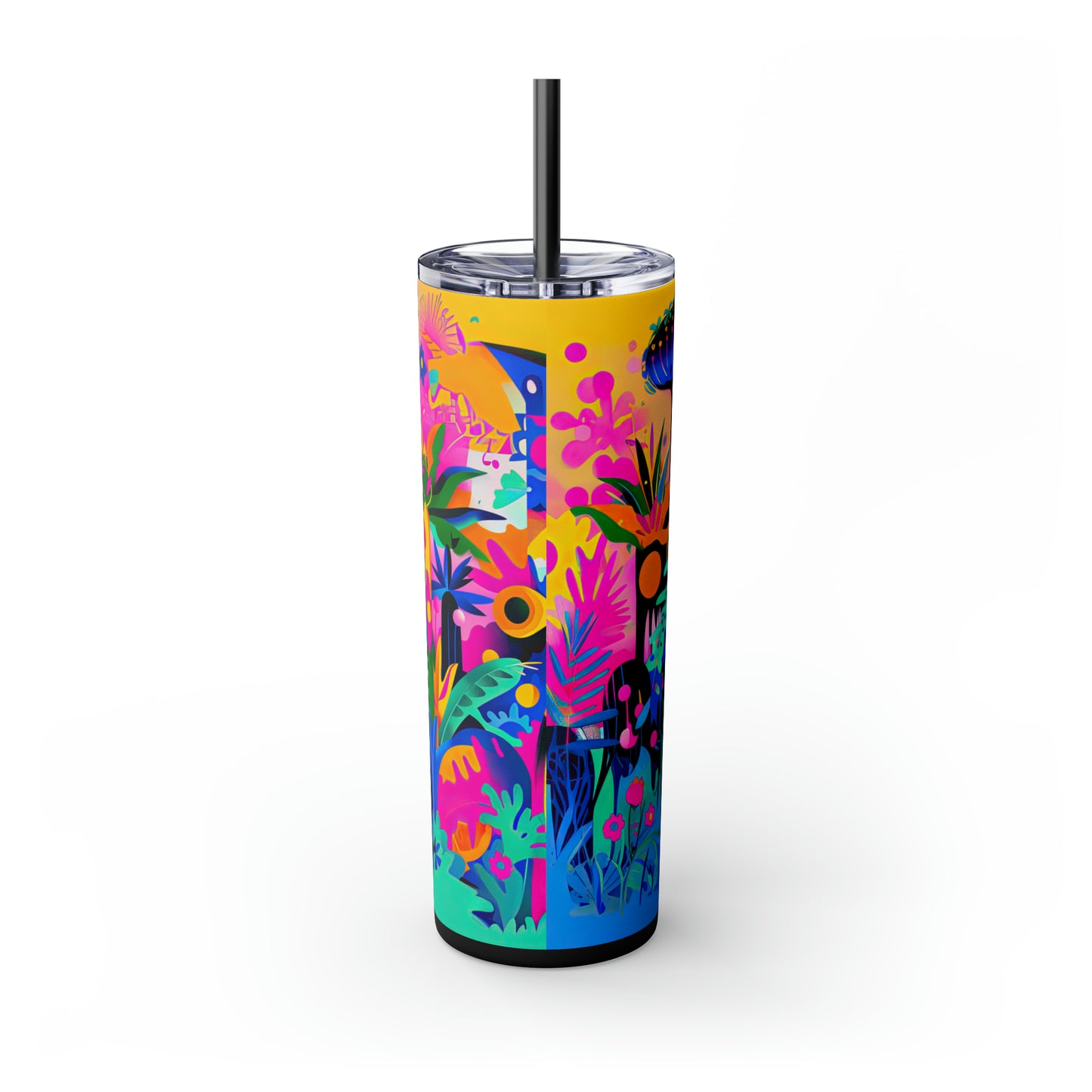 Tropical Neon Jungle Abstract Art Skinny Tumbler with Straw, 20oz