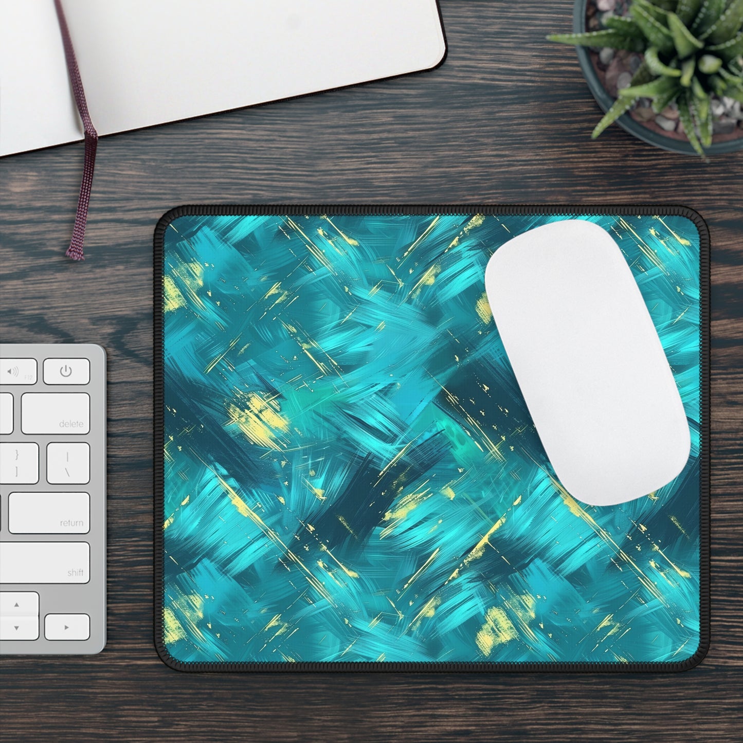 Vibrant Teal and Gold Abstract Brushstroke Pattern Mouse Pad with Finished Edges