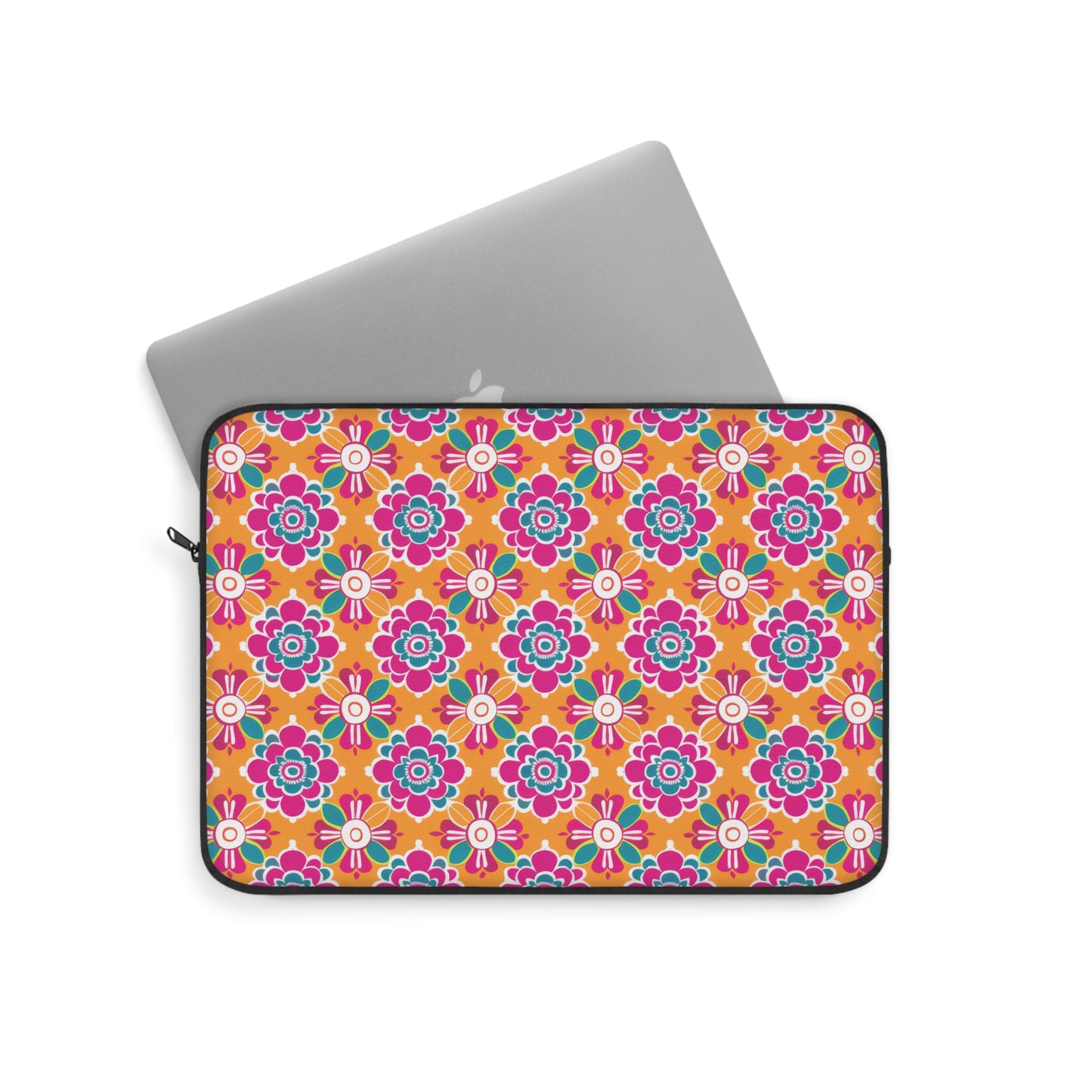 Array of Stylized Floral Motifs in Vivid Pink, Teal, and White Set Against a Warm Orange Backdrop Laptop or Ipad Protective Sleeve 3 Sizes Available