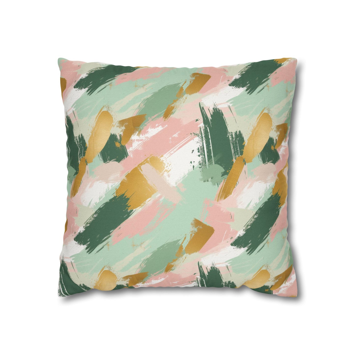 Spring Brushstrokes Abstract in Light Green, Pink, and Gold Spun Polyester Square Pillowcase 4 Sizes