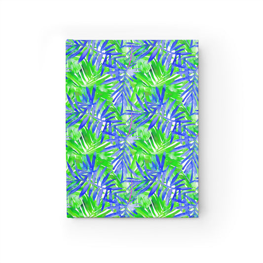 Tropical Harmony Blue and Green Palm Tree Leaves Hardcover Ruled Line Journal