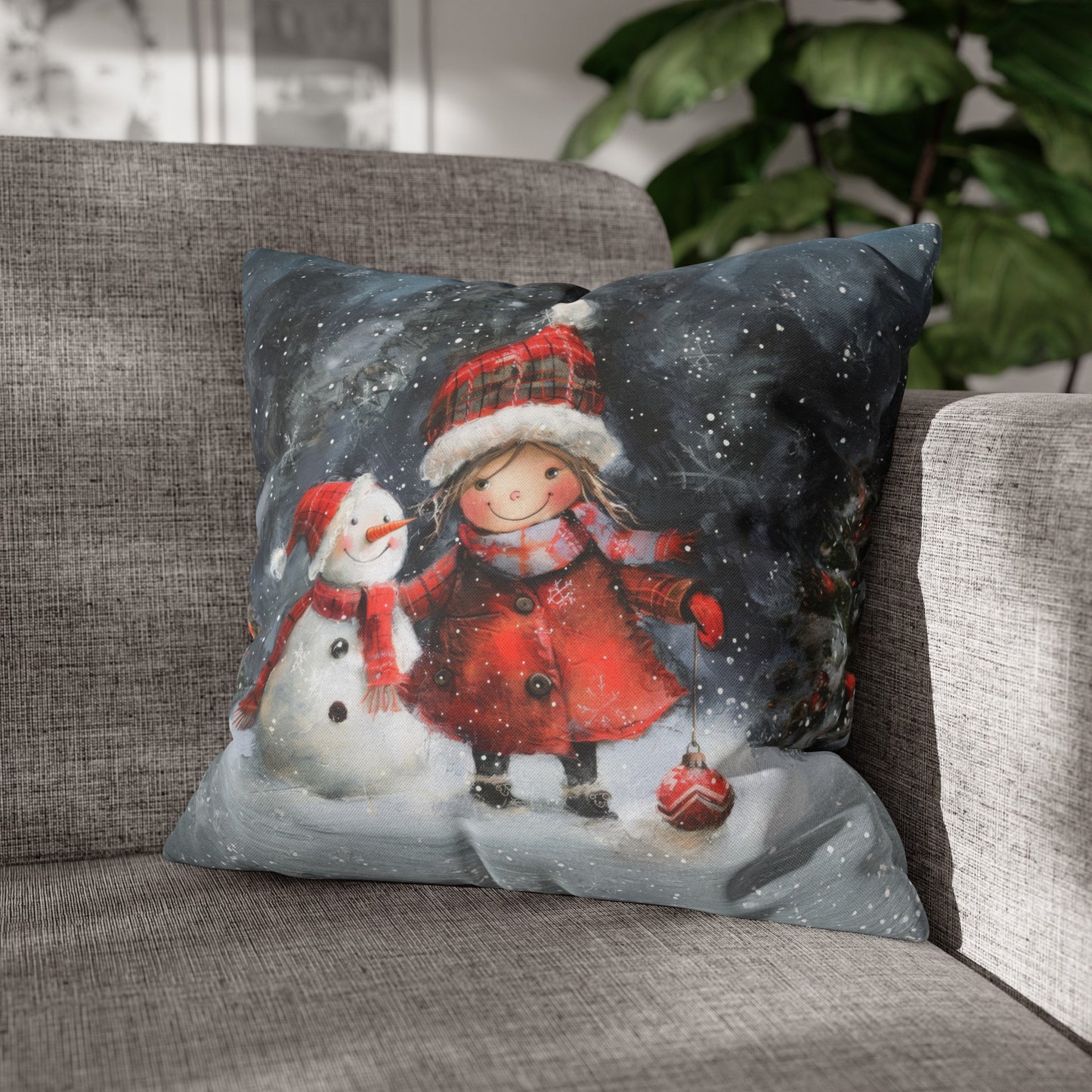 Frosty Friends: Little Girl Standing with Snowman on a Snowy Night Spun Polyester Square Pillowcase 4 Sizes