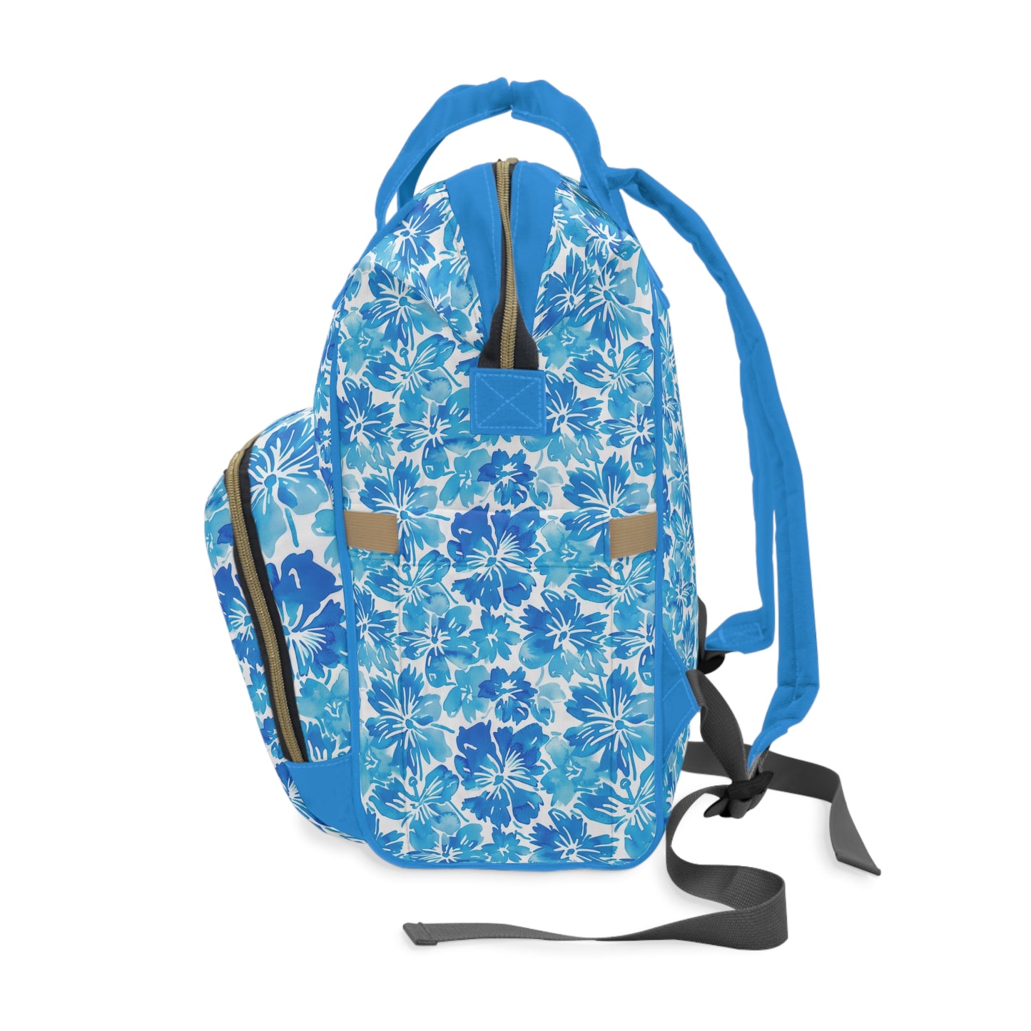 Tranquil Tropics: Soft Blue Tropical Flowers Multifunctional Diaper Backpack