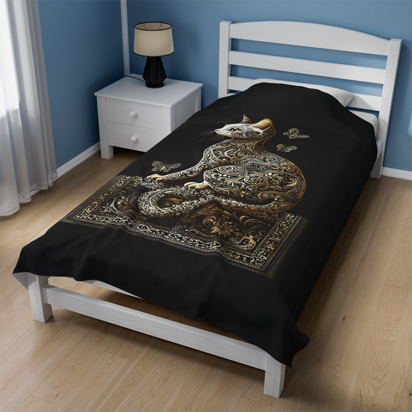 Ornate Black and Gold Paisley Cat with Fluttering Butterflies Velveteen Plush Blanket 3 Sizes