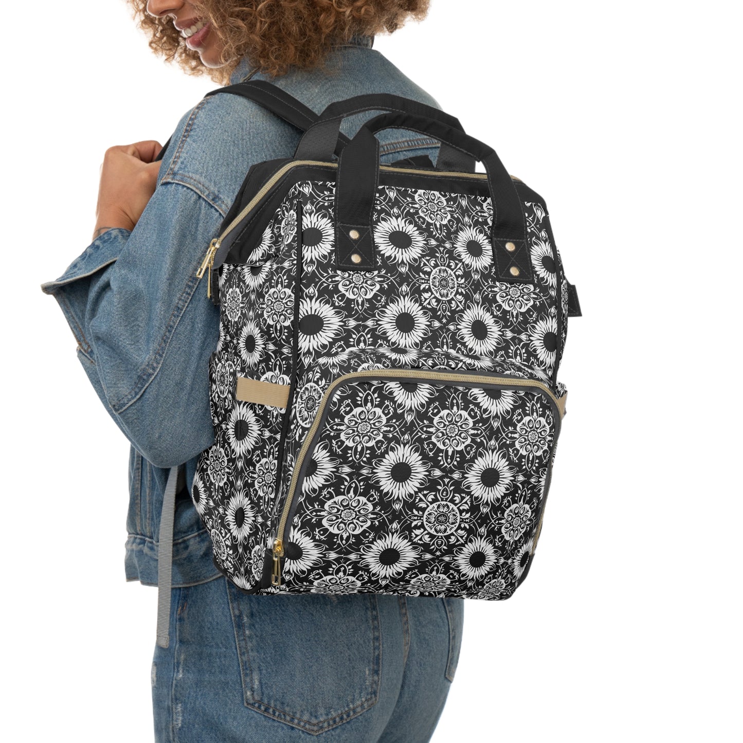 Elegant Mandala Design with Black and White Sunflowers Multifunctional Diaper Backpack