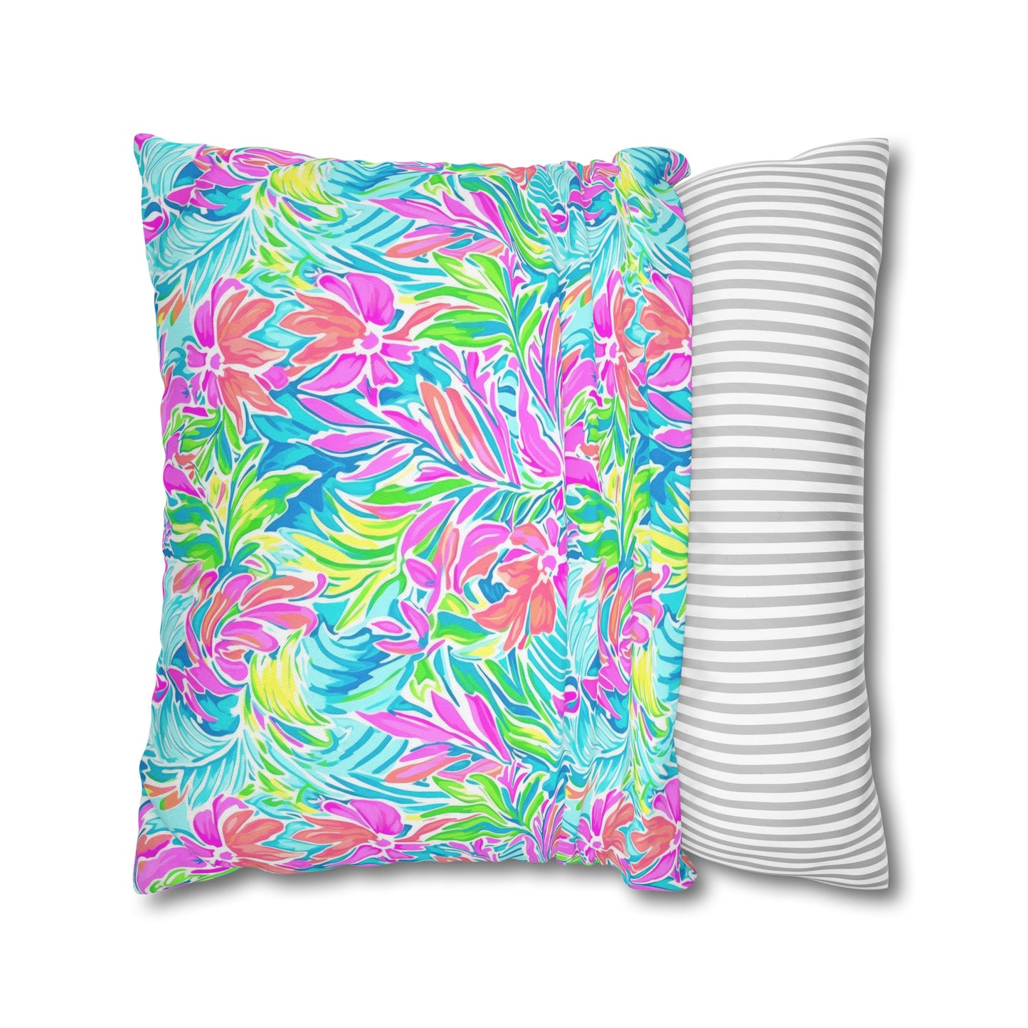 Neon Tropics: Vibrant Rainbow Flowers and Palm Leaves in Electric Splendor Spun Polyester Square Pillowcase 4 Sizes