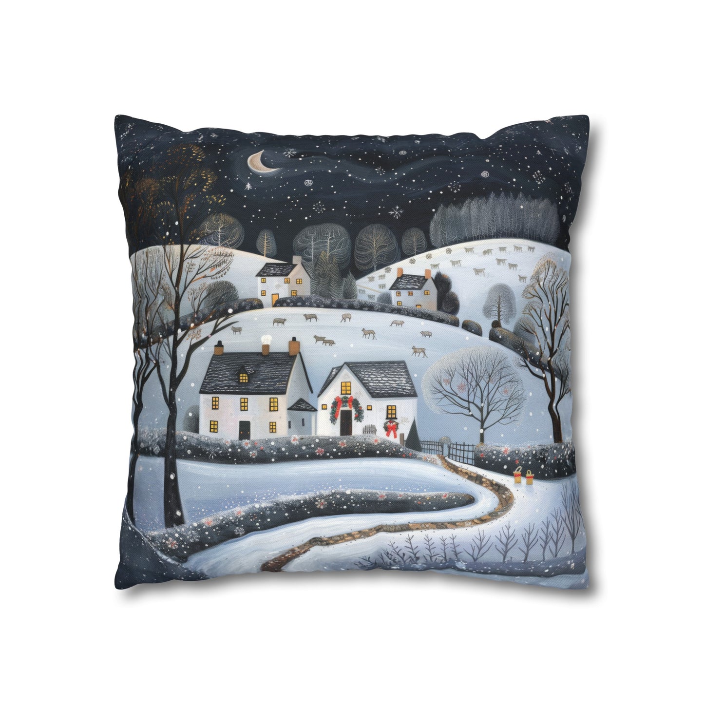 Starry Serenity: Rolling Hills on a Snowy Night, Stars Sparkling in the Sky Spun Polyester Square Pillowcase 4 Sizes