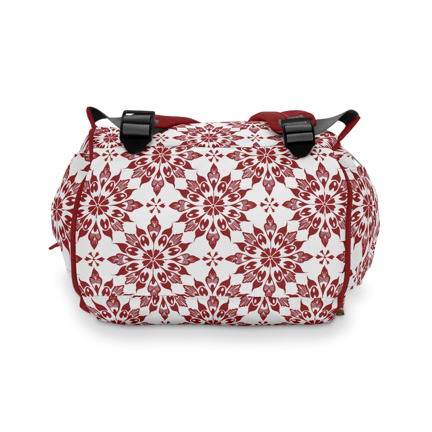 Vintage Radiance Ornate Red and White Floral Burst Pattern Multifunctional Diaper Backpack