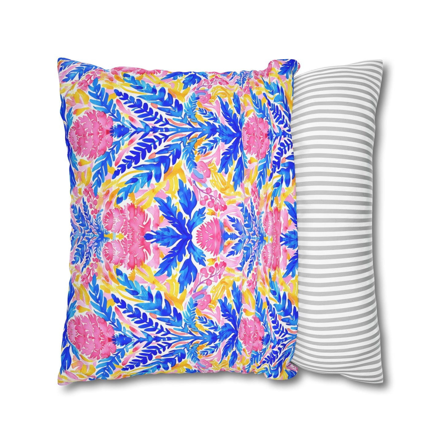 Tropical Watercolor Blooms in Vibrant Pinks and Blues Spun Polyester Square Pillowcase 4 Sizes