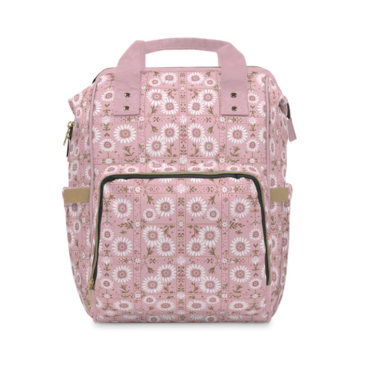 Charming Daisy Pink and White Floral Tile Pattern Multifunctional Diaper Backpack