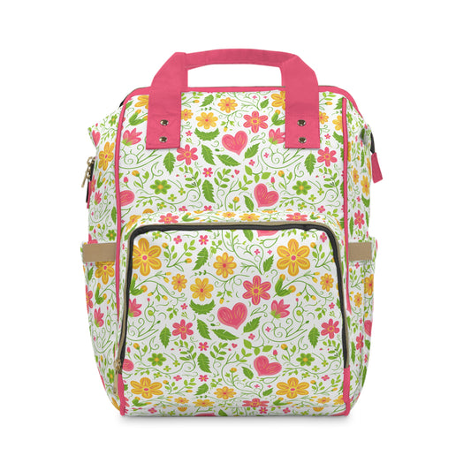 Sunshine Love: Spring Flowers and Hearts in Yellows and Pinks with Pink Handle Multifunctional Diaper Backpack