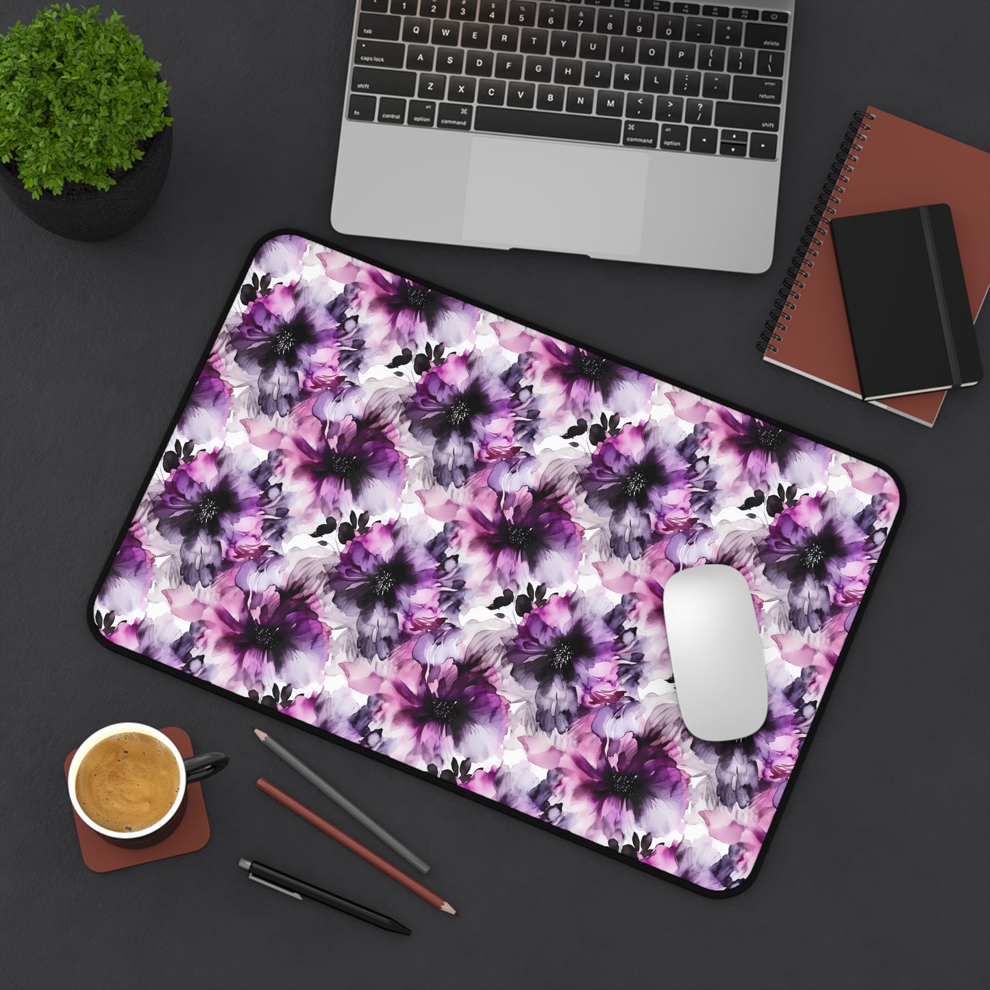 Regal Splendor: Large Purple and Grey Watercolor Flower Design - Desk Mat Extended Gaming Mouse Pad 3 Sizes