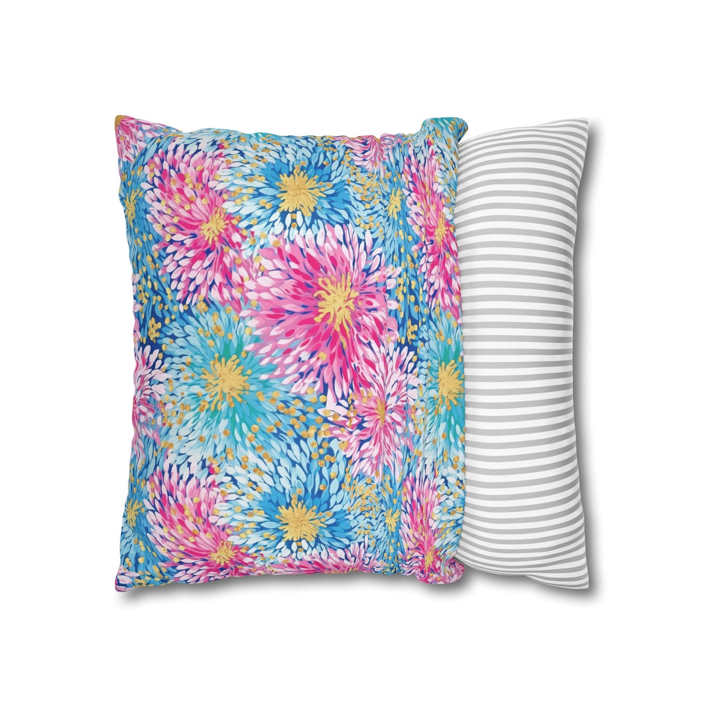 Pastel Harmony: Watercolor Chrysanthemums in Pink, Blue, and Yellow Spun Polyester Square Pillowcase 4 Sizes