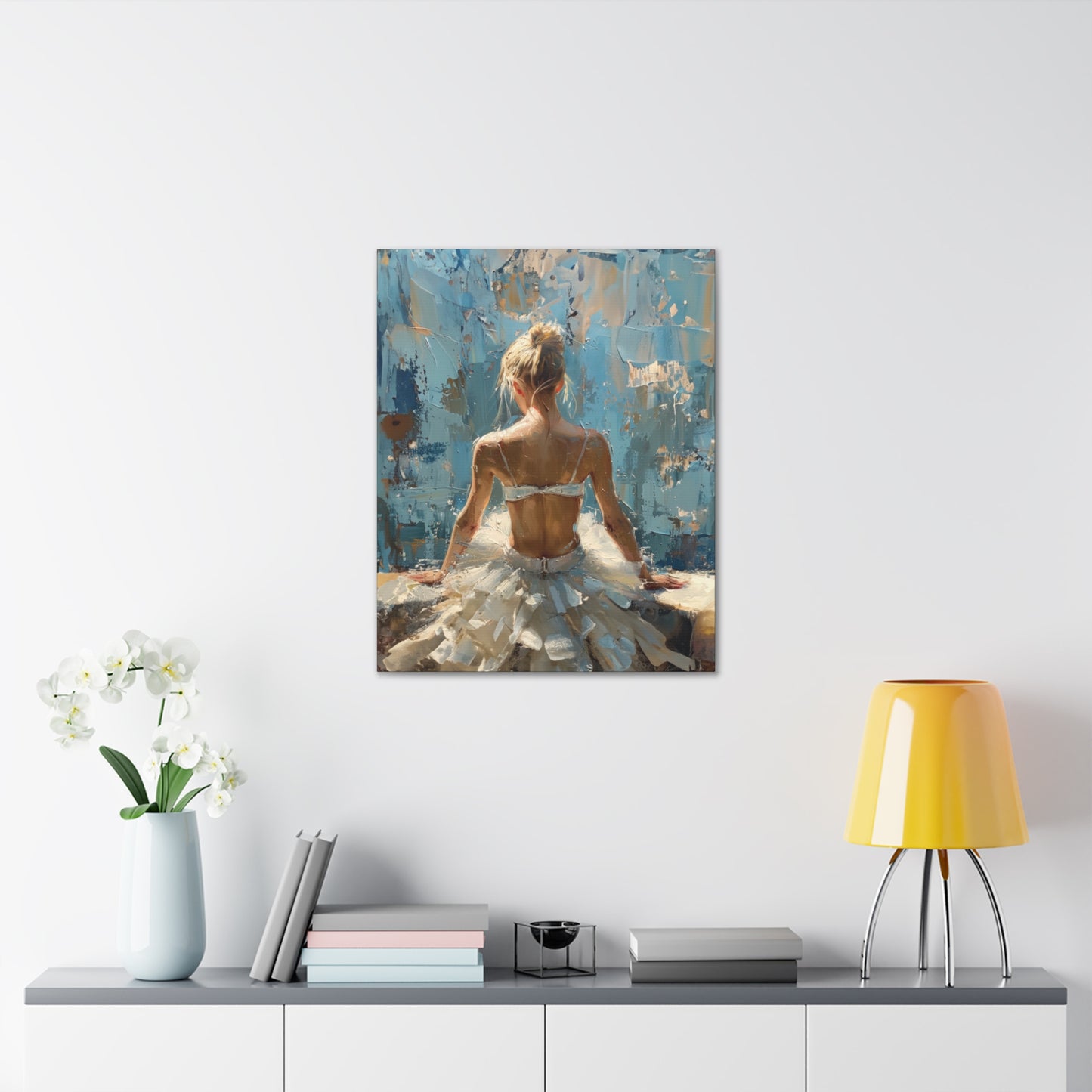 Sunlit Serenity Ballerina in White Dress, Bathed in Sunlight and Blue Skies with Back Turned Print on Canvas Gallery - 13 Sizes