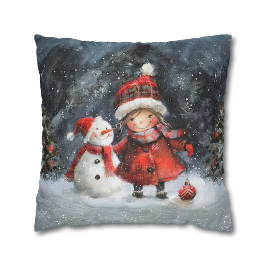 Frosty Friends: Little Girl Standing with Snowman on a Snowy Night Spun Polyester Square Pillowcase 4 Sizes