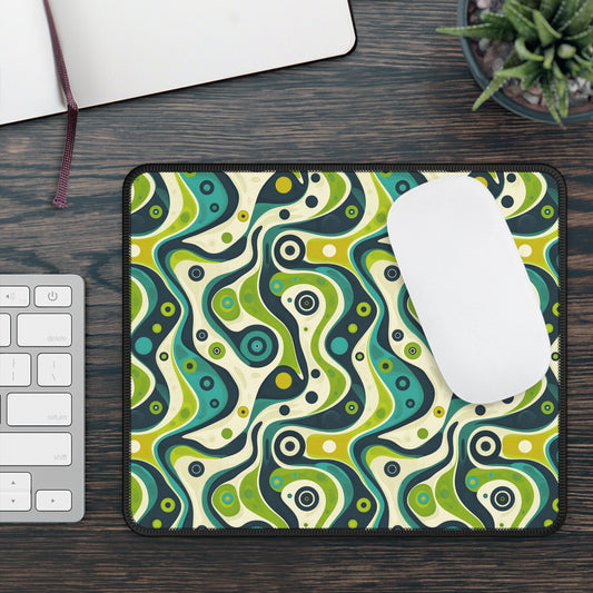 Groovy Retro Greens and Blues Abstract Waves Gaming Mouse Pad with Finished Edges