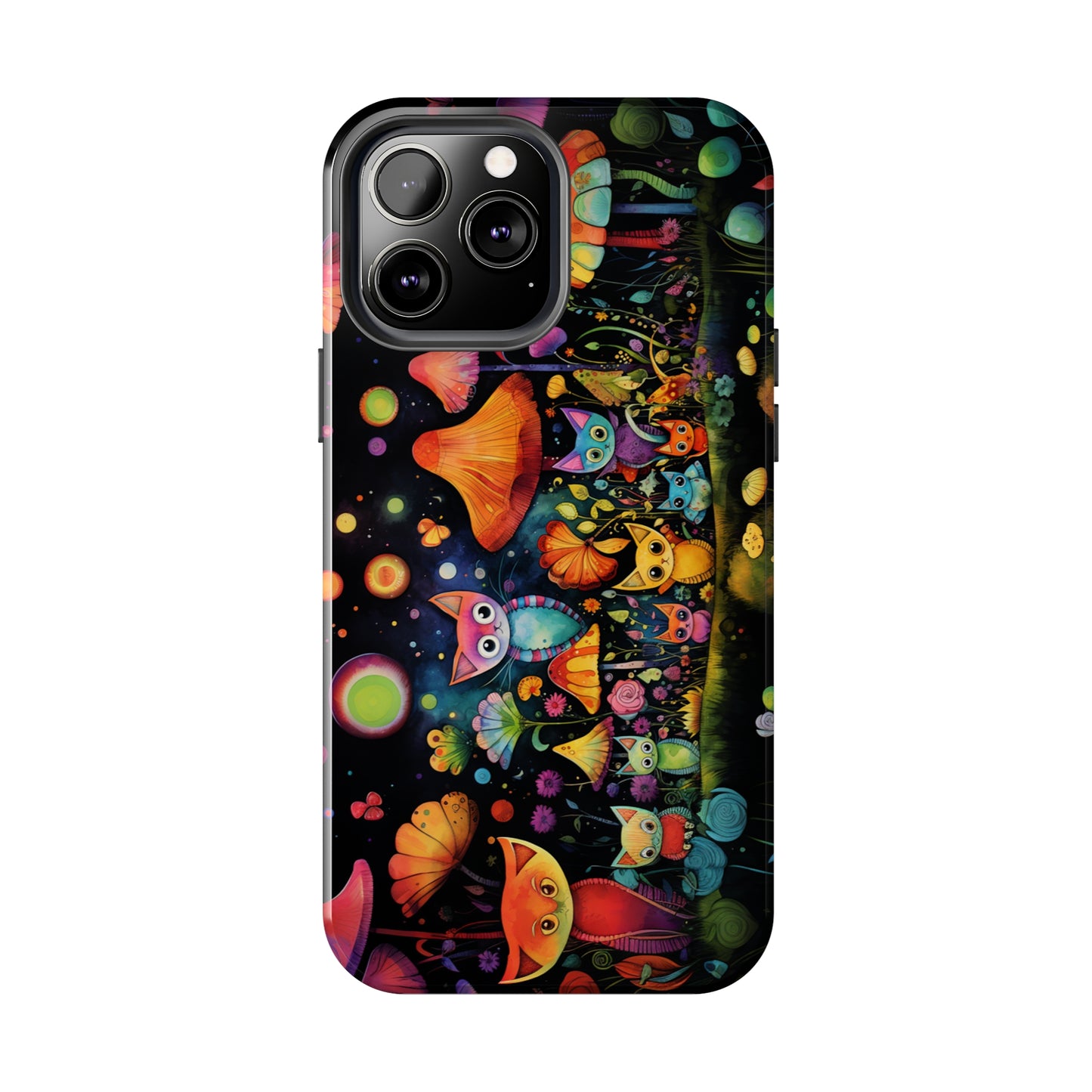 Mystical Cats Amidst a Garden of Flowers and Mushrooms, Beneath a Starry Sky Iphone Tough Phone Case