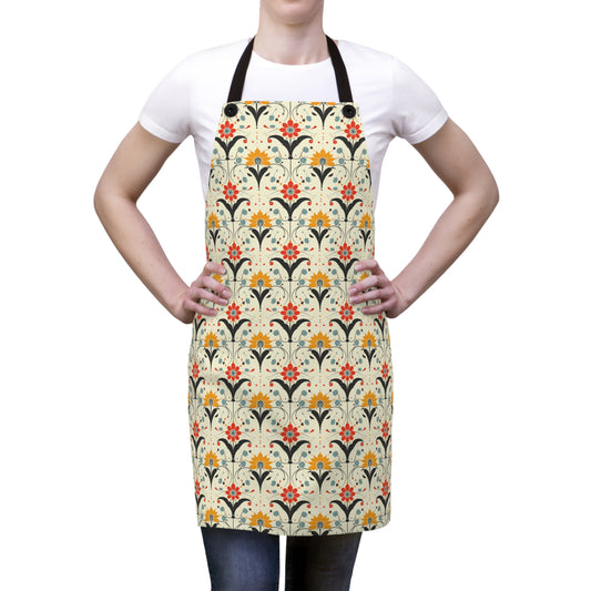 Whimsical Retro Garden in Muted Yellow, Red and Blues Kitchen Chef Apron