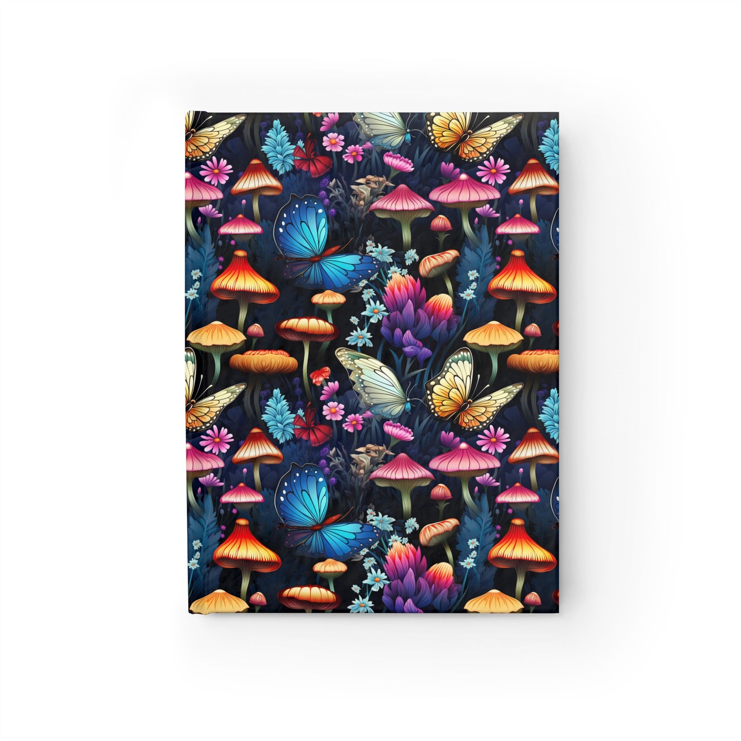 Neon Nocturne: Illuminated Butterfly and Mushroom Silhouettes Against the Night Sky - Hardcover Ruled Line Journal 5" x 7"