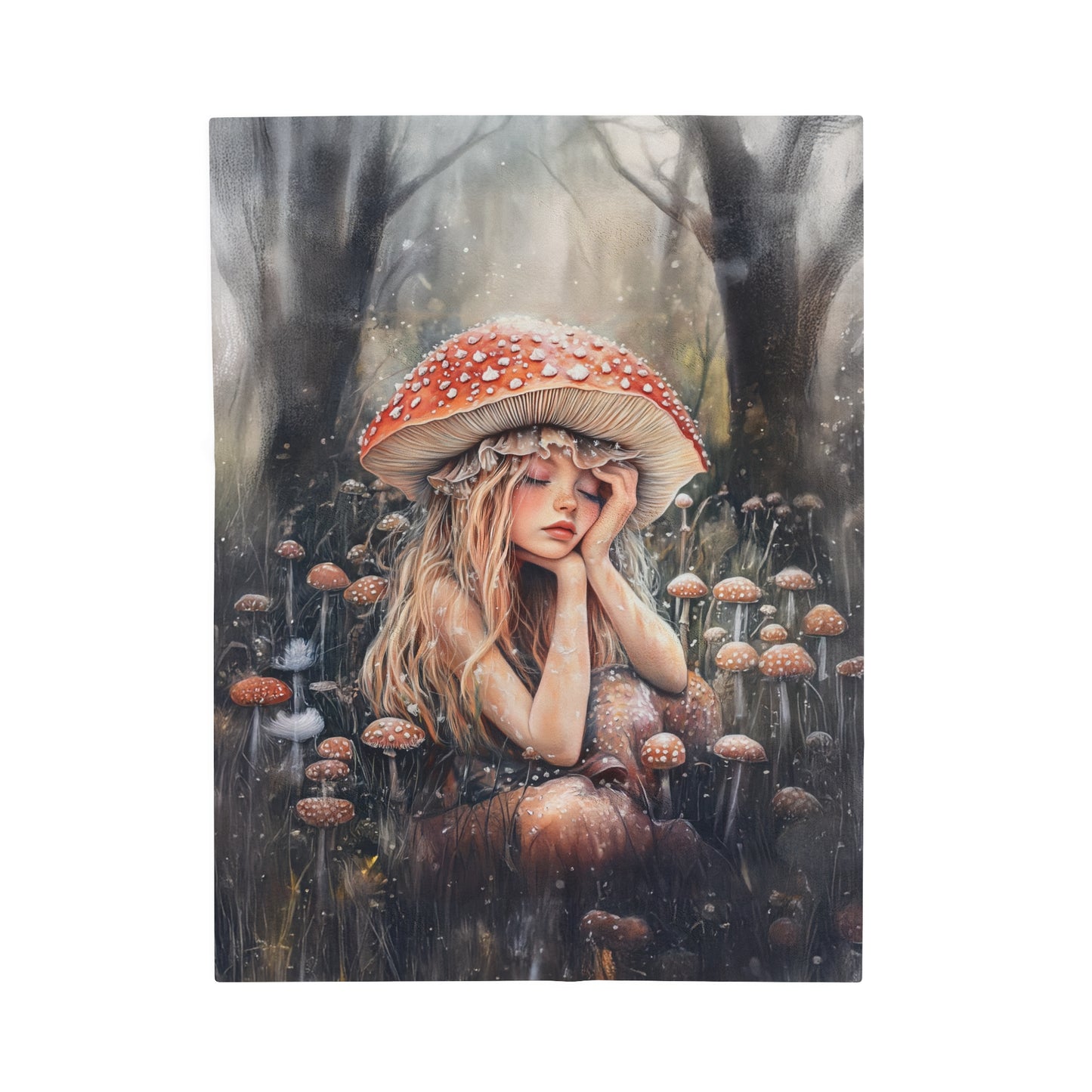 Woodland Nymph Slumbers Beneath a Mushroom's Shade Velveteen Plush Blanket 3 Sizes