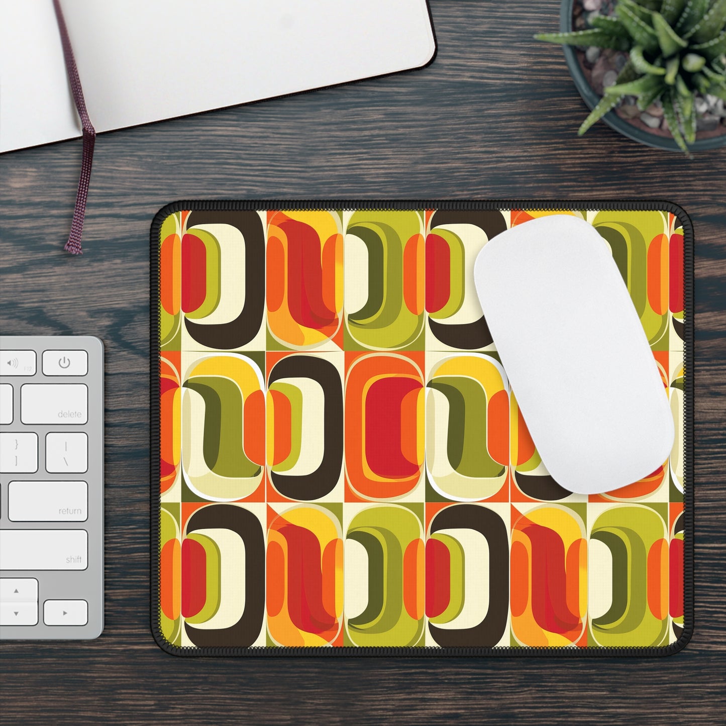 Vintage Vibes Retro 70s Geometric Pattern in Orange, Greens and Brown Tones Gaming Mouse Pad with Finished Edges