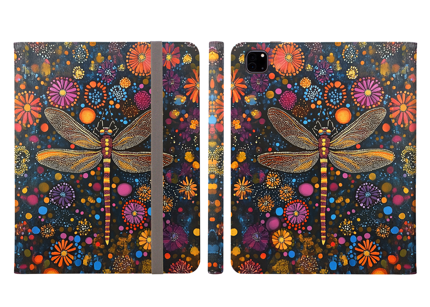 Vibrant Dragonfly Amidst a Kaleidoscope of Dot-Painted Blooms Protective iPad Pro 11 & Pro 12.9 Protective Case and Pencil Holder