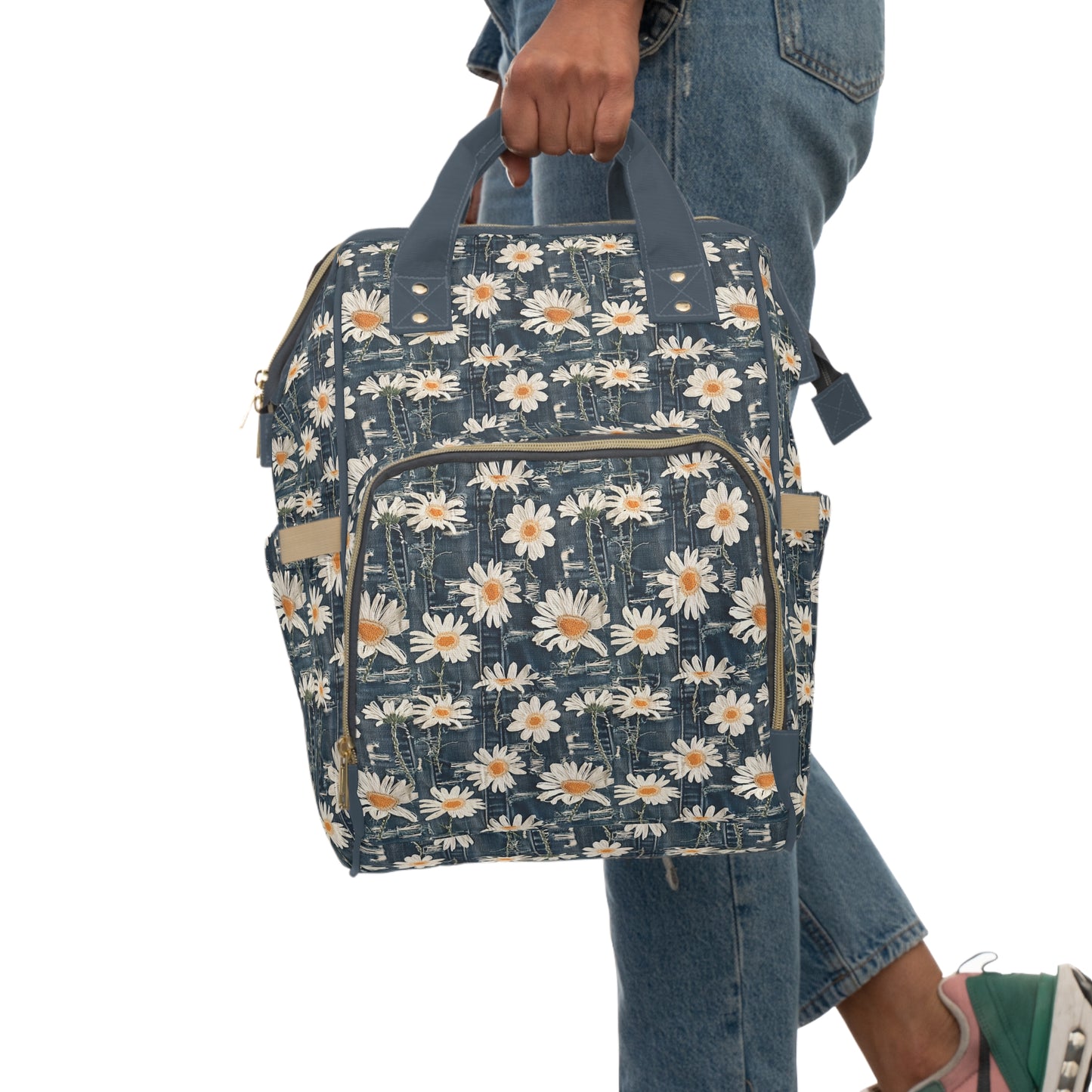 Daisy Dreams: Worn Dark Denim with White Embroidered Daisies Multifunctional Diaper Backpack