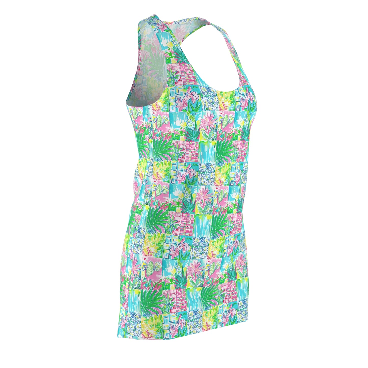 Whimsical Palm Trees and Flowers in Vibrant Pink, Teal, and Green Collage Women's Racerback Dress XS - 2XL