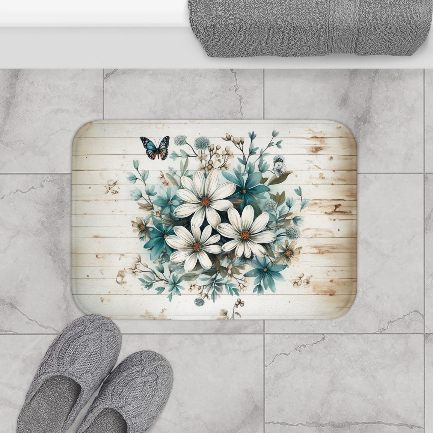 Rustic Charm Bouquet featuring Teal Accents White Wild Daisies with Butterflies  Bathroom Non-Slip Mat 2 Sizes