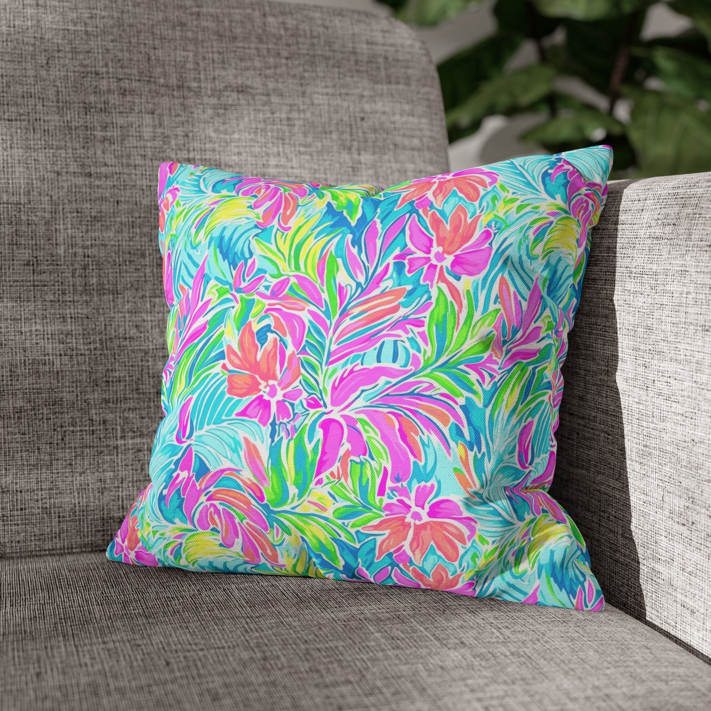 Neon Tropics: Vibrant Rainbow Flowers and Palm Leaves in Electric Splendor Spun Polyester Square Pillowcase 4 Sizes