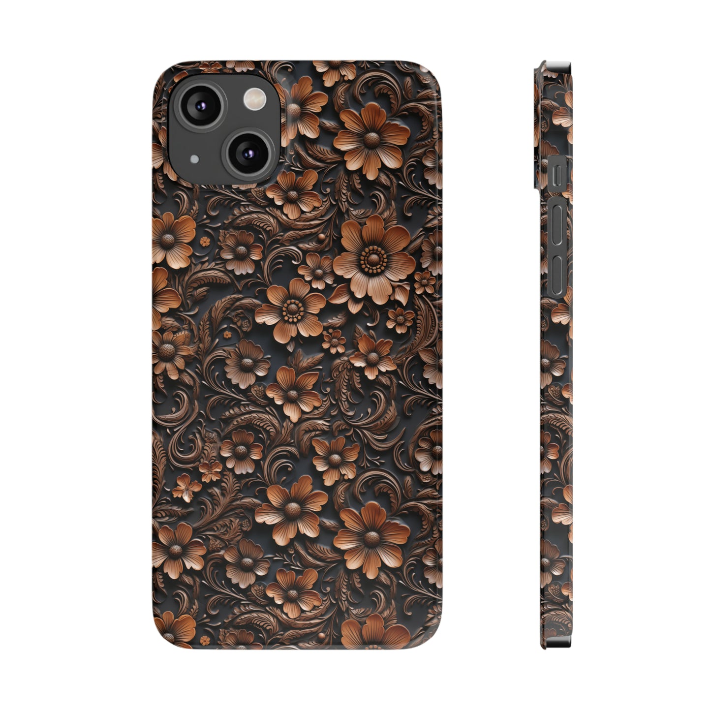 Tooled Deep Brown Leather Flowers Print Design Iphone 15-12 Slim Phone Case