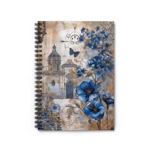 Victorian Castle Surrounded by Faded Blue Floral Gardens, with Butterflies Gracefully Dancing Amidst - Spiral Notebook Ruled Line 6"x8"