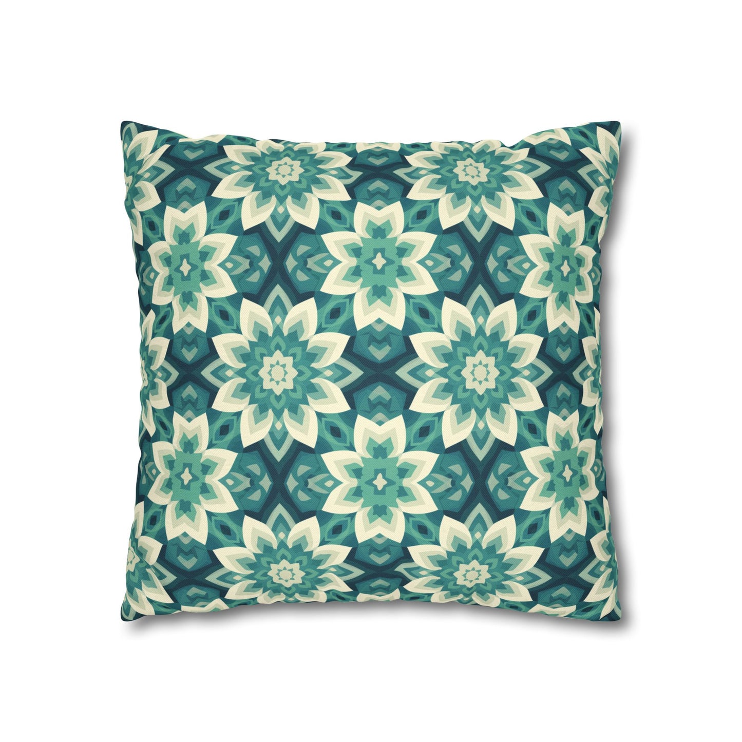 Intricate Aqua and Teal Mandala Floral Pattern Spun Polyester Square Pillowcase 4 Sizes