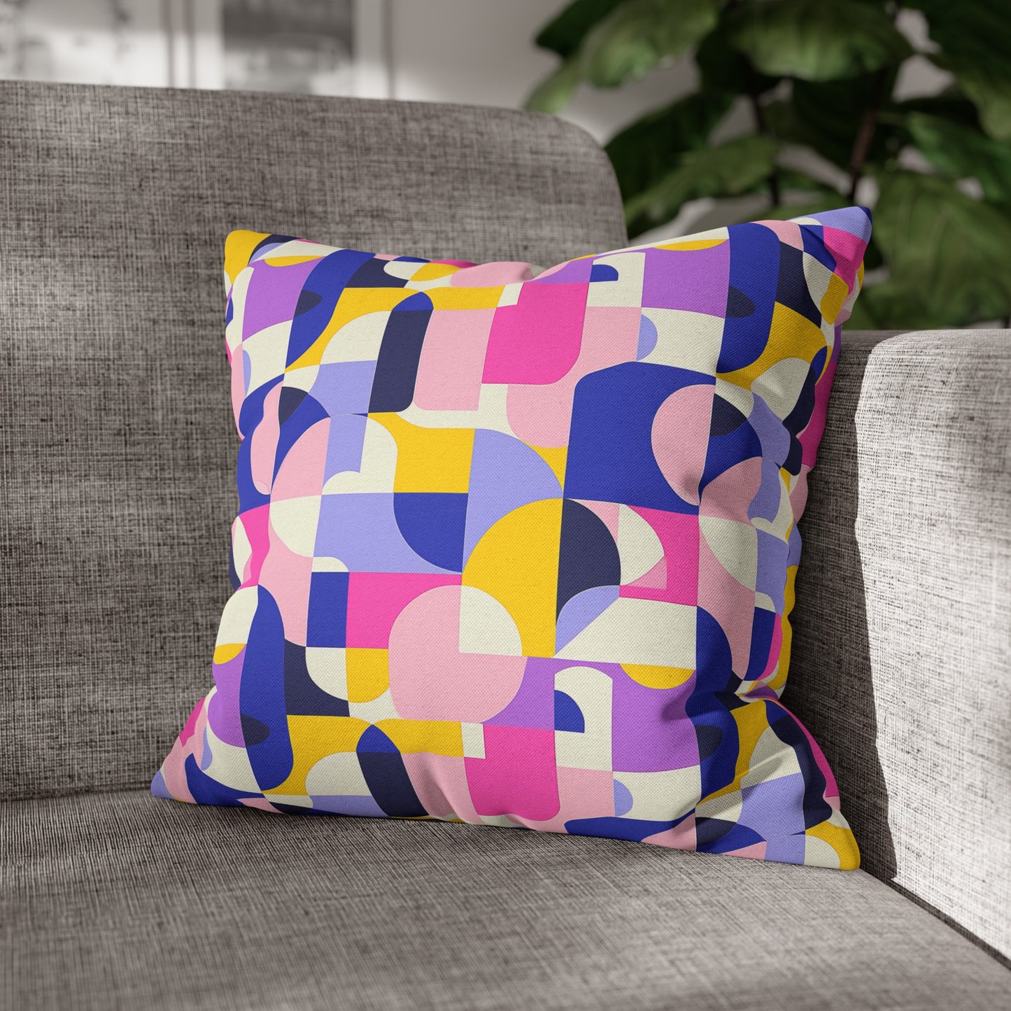 Vibrant Pink, Blue Yellow Color Block Geometric Shapes Spun Polyester Square Pillowcase 4 Sizes