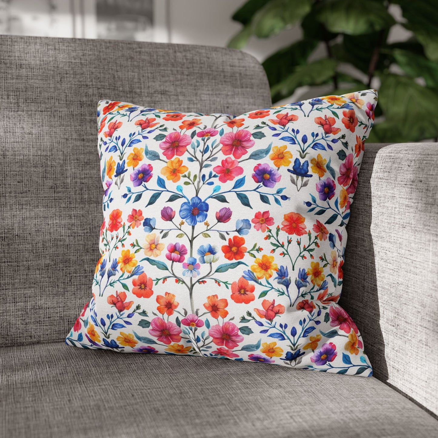 Botanical Symphony with Vibrant Watercolor Flowers  Spun Polyester Square Pillowcase 4 Sizes