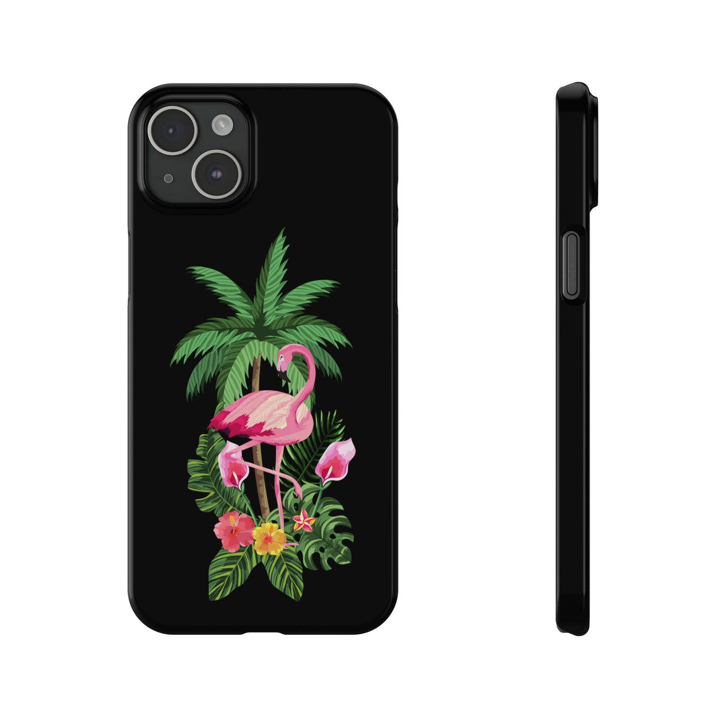 Tropical Pink Flamingo and Flowers Black Background Iphone 15-12 Slim Phone Case