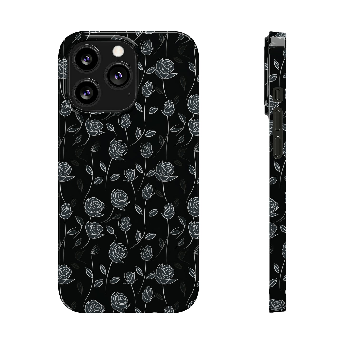 Contrasting Elegance: White Outlined Roses on a Black Background Iphone 15-12 Slim Phone Case