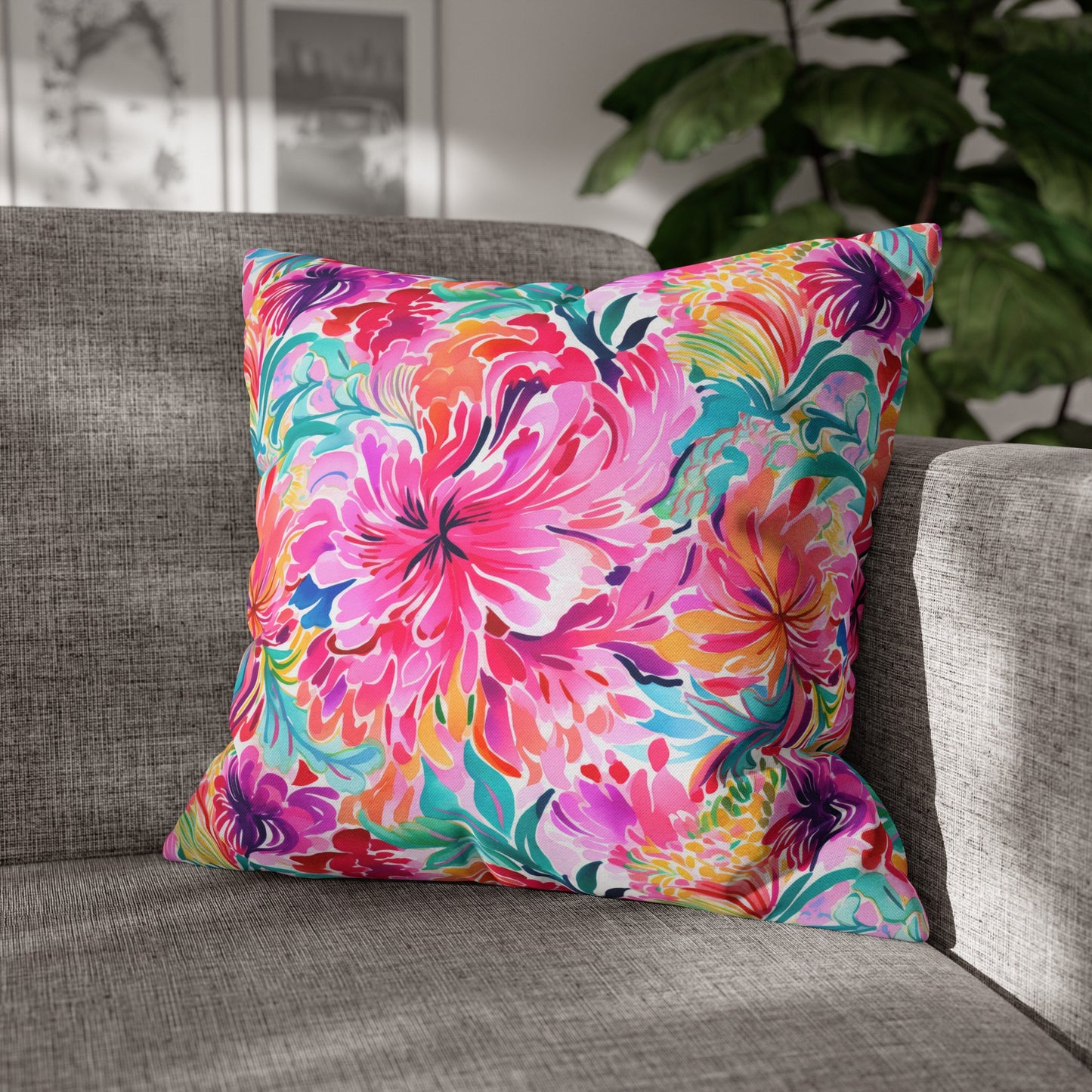 Rainbow Tropics: Watercolor Flowers in Vibrant Pink, Green and Orange Hues Spun Polyester Square Pillowcase 4 Sizes