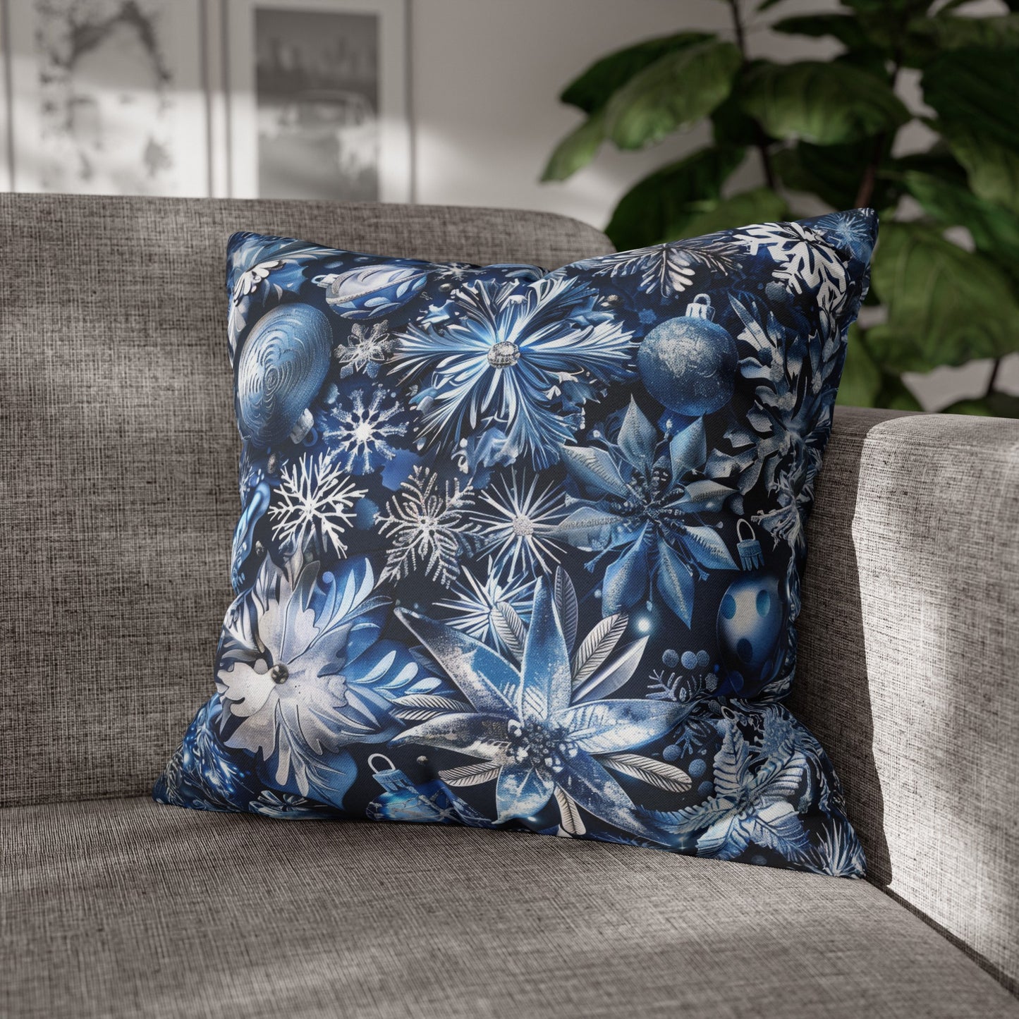 Winter Wonderland Festive Blue and Silver Snowflakes and Ornaments Spun Polyester Square Pillowcase 4 Sizes