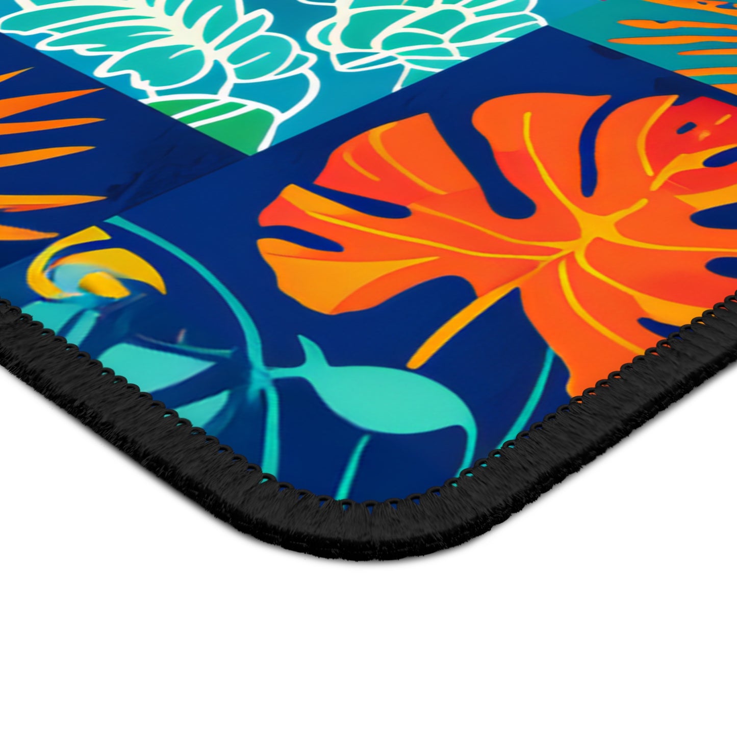 Vibrant Mosaic of Tropical Unique Shapes and Hues, from Vivid Oranges to Deep Blue Leaves and Flowers Mouse Pad with Finished Edges