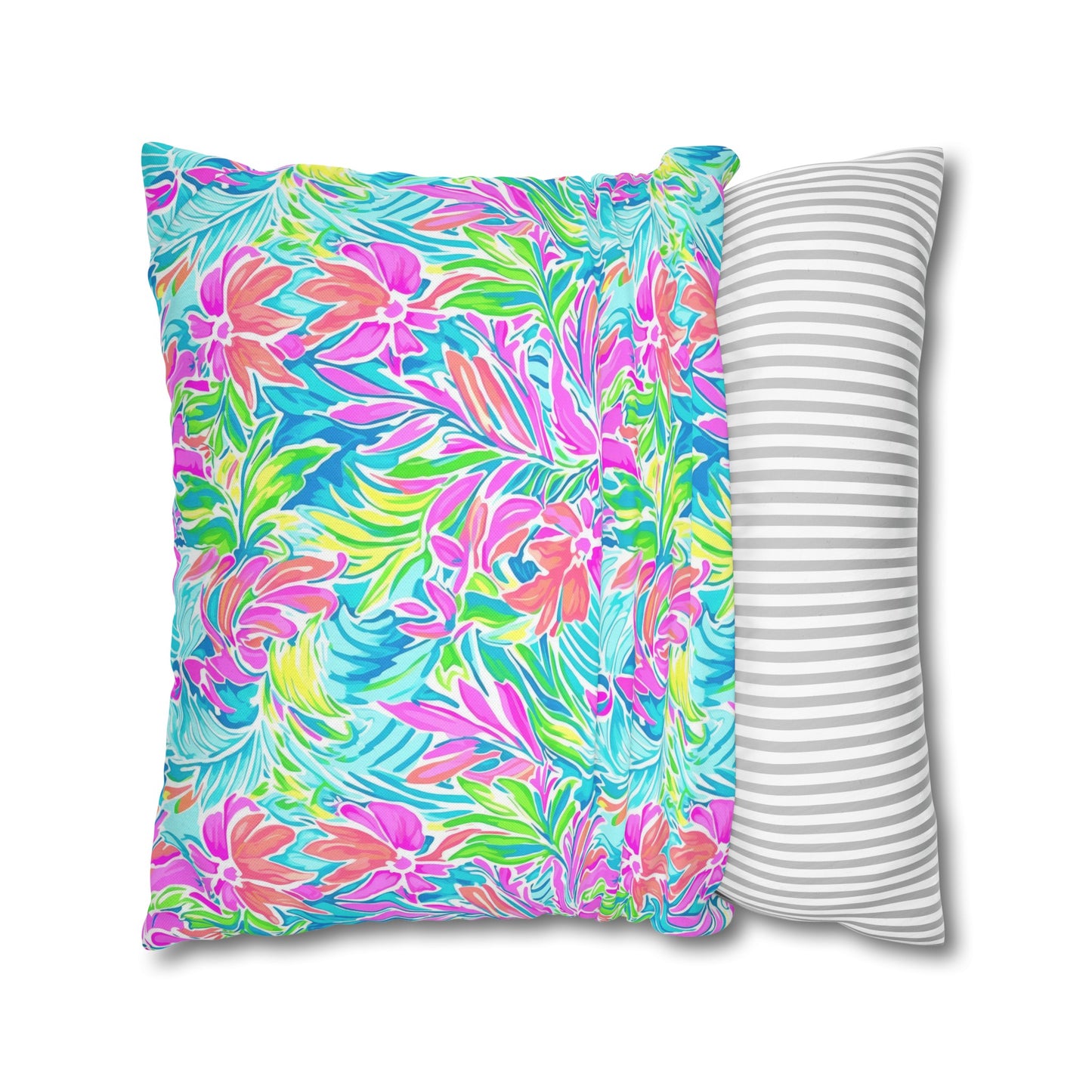 Neon Tropics: Vibrant Rainbow Flowers and Palm Leaves in Electric Splendor Spun Polyester Square Pillowcase 4 Sizes