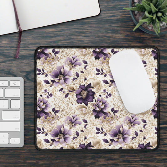 Purple Majesty: Watercolor Floral Design with Gold Foliage Accents Gaming Mouse Pad with Finished Edges