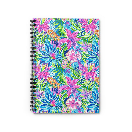 Summer Harmony: Pink and Blue Blooms with Lush Green Leaves Spiral Ruled Line Notebook