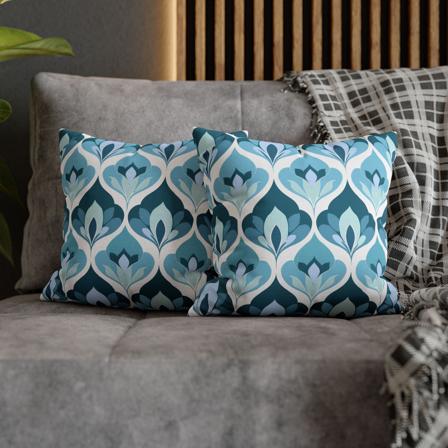 Serene Leaf Motifs Cascading in Cool Hues of Oceanic Blues Spun Polyester Square Pillowcase 4 Sizes