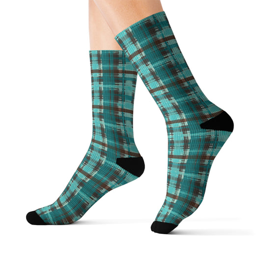 Bold Abstract Watercolor Plaid in Shades of Green and Brown Ribbed Crew Socks